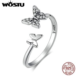 WOSTU Hot Sale 100% 925 Sterling Silver Dancing Butterflies Elegant Rings For Women Fashion S925 Jewelry Gift CQR087