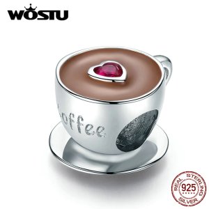 WOSTU Hot Sale Real 925 Sterling Silver Cute Heart Coffee Cup Beads Fit Original Silver Charm Bracelet Jewelry CQC1286