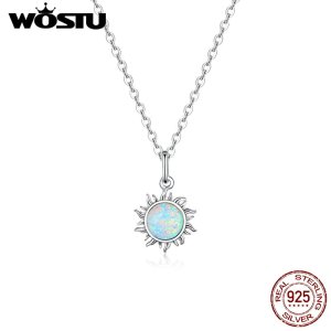 WOSTU Korean Necklace Opal Zircon And 925 Sterling Silver Sun Sunny Long Chain Women Necklace Silver Jewelry CQN399