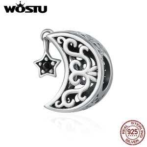 WOSTU Luxury 925 Sterling Silver Openwork Moon and Star Goodnight Charm Beads fit Bracelet DIY Jewelry Valentine Day Gift CQC483