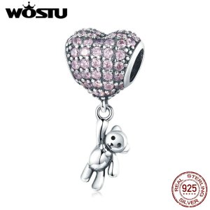 WOSTU Real 925 Sterling Silver Bear and Balloon Beads Fit Charm Bracelet & Necklace Pendant Lovely Birthday Jewelry Gift CQC1054