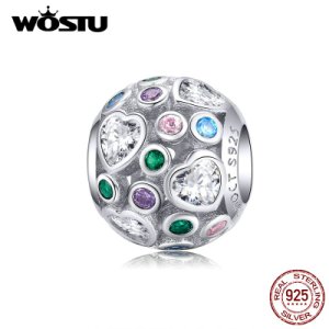 WOSTU Real 925 Sterling Silver Brilliant Round Charms Colorful Zircon Beads Fit Original Bracelet Pendant Wedding Jewelry CTC183