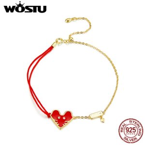 WOSTU Real 925 Sterling Silver Lucky Mouse Rat Bracelet Red Rope Gold Enamel Chain Link Authentic Bracelet Jewelry Gift CQB174
