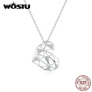 WOSTU Real 925 Sterling Silver Openwork Heart Necklace Long Chain Link For Women Wedding Lover Romantic Necklace Jewelry CQN364