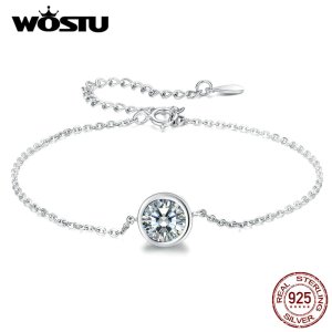 WOSTU Real 925 Sterling Silver Original Bracelets Round Zircon Link Chain For Women Wedding Bracelet Unique Jewelry CQB157
