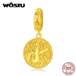 WOSTU Tree of life Charms 925 Sterling Silver Gold Color Beads  Fit Original Bracelet Pendant For Women Fashion Jewelry CQC1346