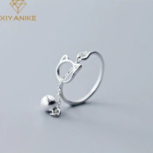 XIYANIKE 925 Sterling Silver Creative Cute Bell Cat Rings for Women Wedding Couple Trendy Handmade Jewelry Valentine's day Gift