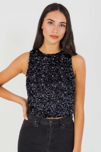 Tfnc - Lace & beads picasso iridescent black sequin top