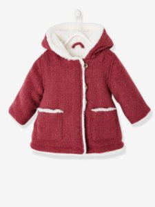 Abrigo de paño de lana para bebé niña con capucha y pompón rosa medio liso