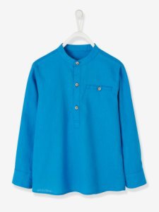 Camisa de lino/algodón para niño con cuello mao, de manga larga azul medio liso