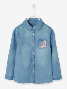 Camisa vaquera para niña con bolsillo bordado azul claro lavado