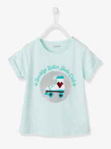 Camiseta con lentejuelas reversibles, para niña azul claro liso con motivos