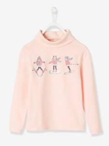 Vertbaudet - Camiseta de cuello alto para niña con esquiadora rosa claro liso con motivos