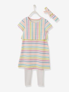 Vertbaudet - Conjunto de 3 prendas para niña vestido + leggings + cinta para el pelo a juego blanco claro a rayas