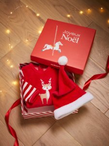 Vertbaudet - Conjunto de navidad para bebé de pijama y gorro rojo oscuro liso con motivos