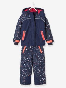 Conjunto de parka + pantalón de esquí/ mono de esquí niña azul oscuro estampado