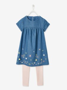 Conjunto de vestido vaquero bordado y leggings para niña azul medio lavado