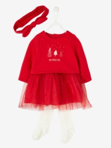 Vertbaudet - Conjunto navideño de vestido + leotardos + cinta bebé recién nacida rojo oscuro liso con motivos