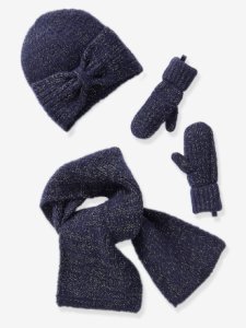 Conjunto niña gorro con lazo + bufanda + guantes de hilo brillante azul oscuro liso