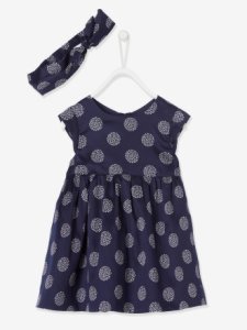 Conjunto vestido + cinta para el pelo, para bebé azul oscuro estampado