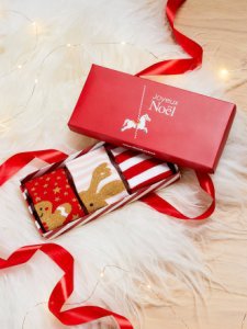 Vertbaudet - Estuche regalo niña 3 pares de calcetines medianos dulce navidad rojo medio estampado