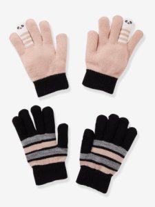 Lote de 2 pares de guantes divertidos a rayas, para niña azul oscuro liso