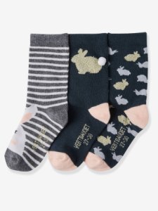 Lote de 3 pares de calcetines para niña Conejito azul oscuro estampado