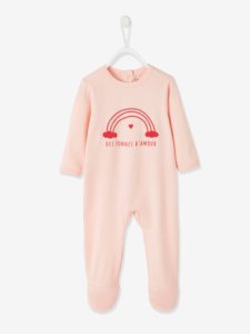 Pelele para bebé con automáticos detrás, de algodón stretch rosa claro liso con motivos