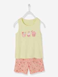 Pijama con short niña de dos tejidos Cupcakes amarillo claro liso con motivo