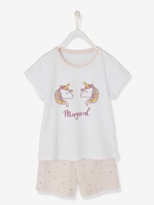 Vertbaudet - Pijama con short niña unicornio rosa claro liso con motivos