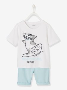 Vertbaudet - Pijama con short niño de dos tejidos azul claro liso con motivos