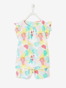 Vertbaudet - Pijama con short para niña tropik blanco claro estampado