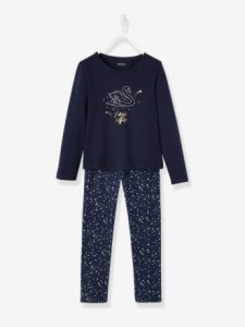 Vertbaudet - Pijama de algodón para niña azul oscuro liso con motivos