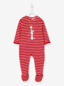Pijama de Navidad para bebé niña a rayas y estampado rojo oscuro liso con motivos