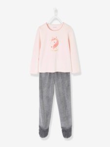 Vertbaudet - Pijama de terciopelo con pies para niña rosa claro liso con motivos