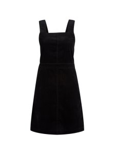 Womens Black Cord Square Neck Pinafore Cotton Dress, Black