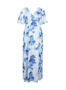 Womens **Maternity Blue Floral Print Nursing Maxi Dress, Blue