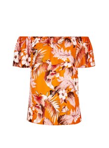 Womens Orange Tropical Print Tie Bardot Top, Orange