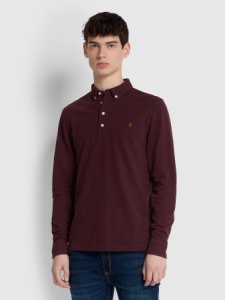 Farah Ricky Slim Fit Long Sleeve Polo Shirt In Red