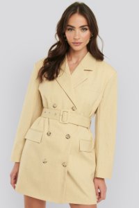 NA-KD Classic Wide Shoulder Belted Blazer Dress - Yellow