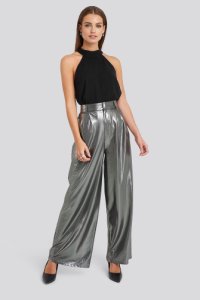 NA-KD Party High Waist Front Pleat Wide Leg Pants - Silver