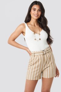 NA-KD Trend Linen Look Striped Shorts - Beige