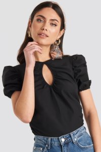 NA-KD Trend Short Puff Sleeve Keyhole Front Blouse - Black
