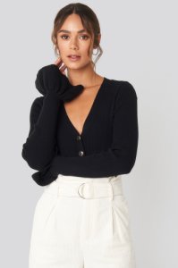 Hanna Weig x NA-KD Button Down Bell Sleeve Sweater - Black