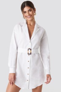 Hannalicious x NA-KD Belted Oversized Linen Look Shirt Dress - White