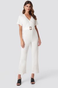Hannalicious x NA-KD Overlapped Belted Linen Look Jumpsuit - White