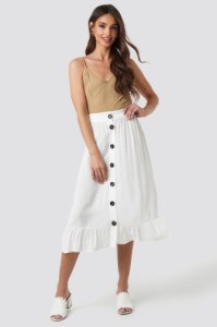 NA-KD Boho Frill Hem Front Button Skirt - White