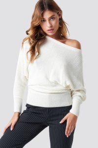NA-KD Off Shoulder Knitted Sweater - White