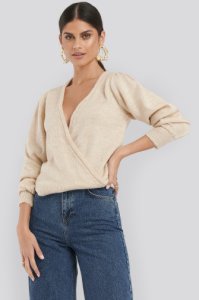 NA-KD Overlap Puff Sleeve Knitted Sweater - Beige