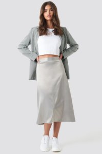 NA-KD Party Bias Cut Satin Midi Skirt - Grey,Silver